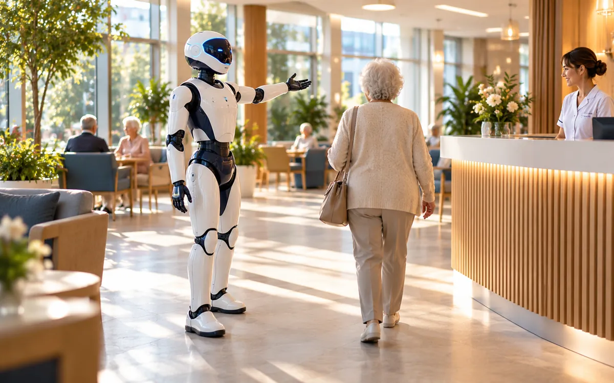 Symbolbild, KI-generiert: Ein humanoider Roboter weist einer älteren Dame im Empfangsbereich einer Pflegeeinrichtung den Weg, am Tresen lächelt eine Pflegekraft.