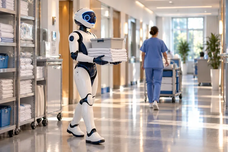 Symbolbild, KI-generiert: Ein humanoider Roboter trägt Wäsche und eine Transportbox durch einen hellen Klinikflur, im Hintergrund geht Personal.