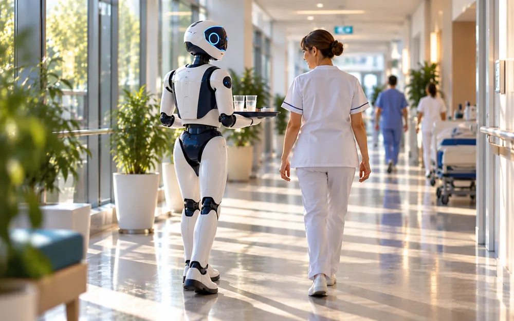Symbolbild, KI-generiert: Ein humanoider Roboter trägt ein Tablett mit Wassergläsern und geht neben einer Pflegekraft durch einen hellen Flur.