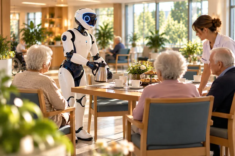 Symbolbild, KI-generiert: Ein humanoider Roboter schenkt in einem sonnigen Aufenthaltsraum Tee ein, Bewohner und eine Pflegekraft sitzen am Tisch.