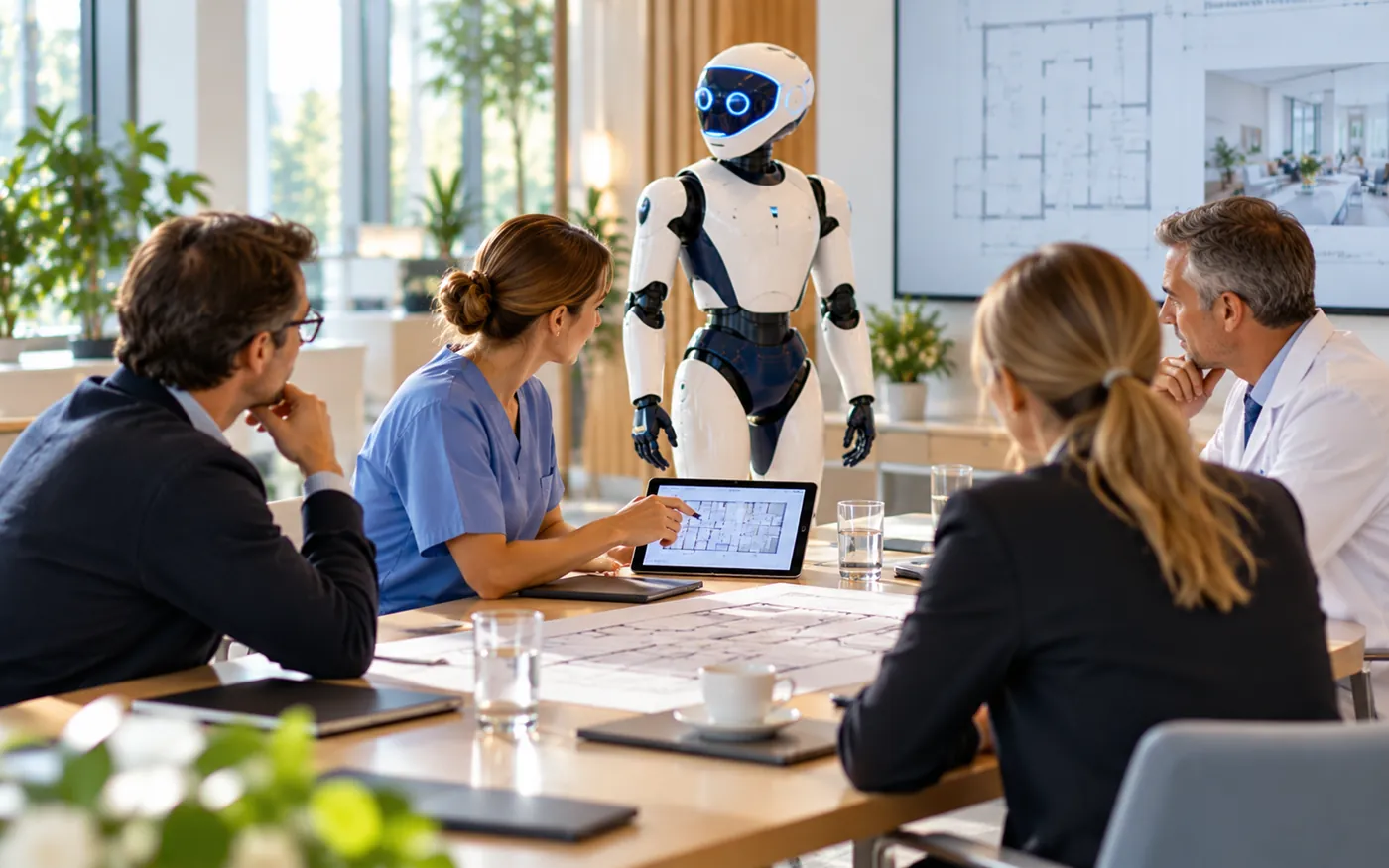 Symbolbild, KI-generiert: Ein Team aus Pflege, Verwaltung und Medizin bespricht mit Grundriss und Tablet den Einsatz eines humanoiden Roboters.