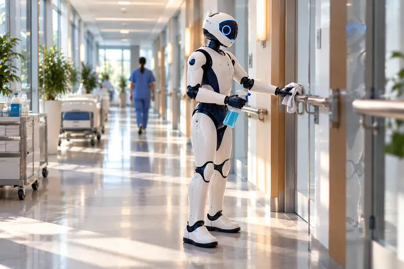 Symbolbild, KI-generiert: Ein humanoider Roboter wischt in einem Flur einen Türgriff und einen Handlauf mit einem Tuch ab.